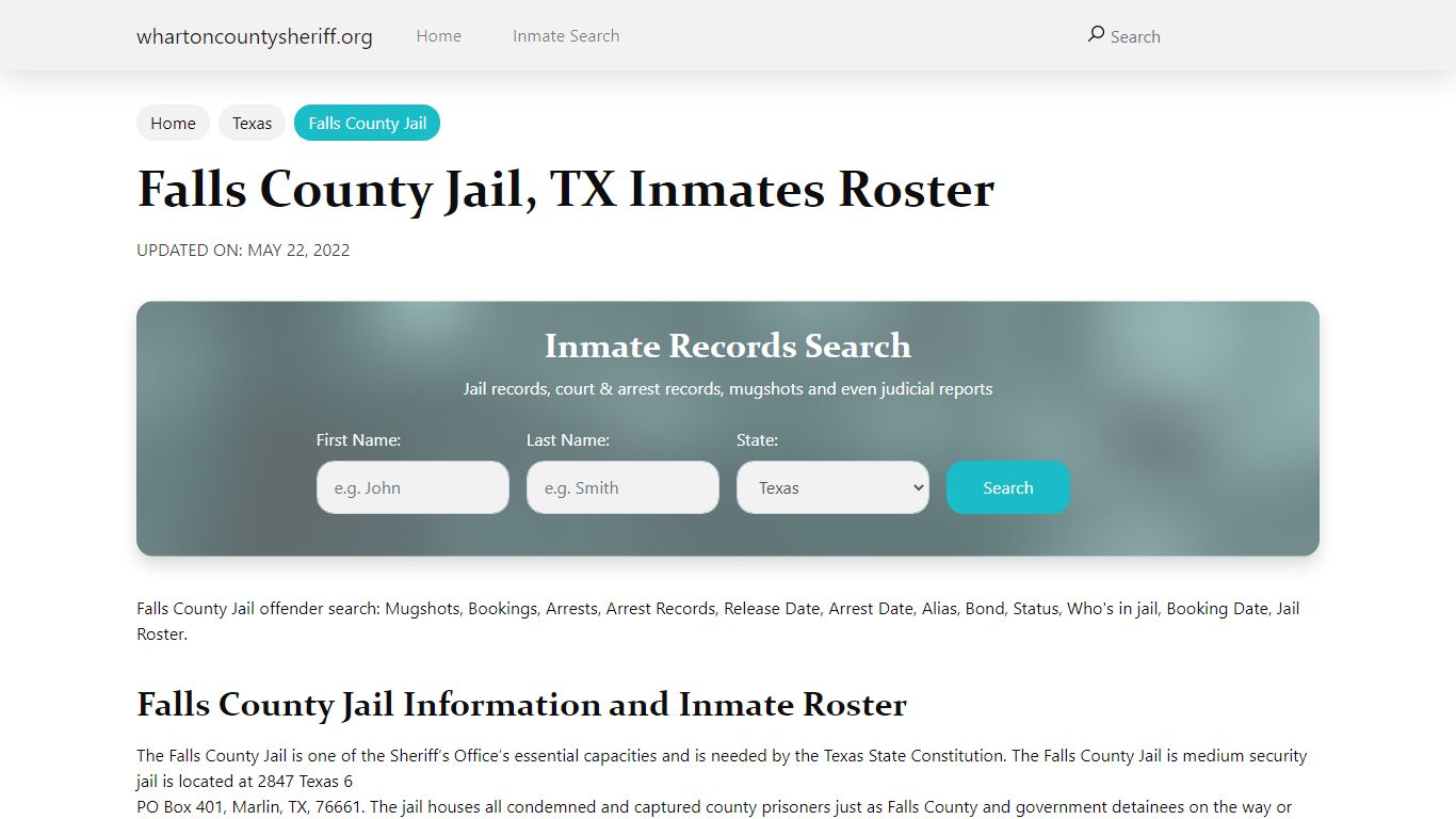 Falls County Jail, TX Jail Roster, Name Search